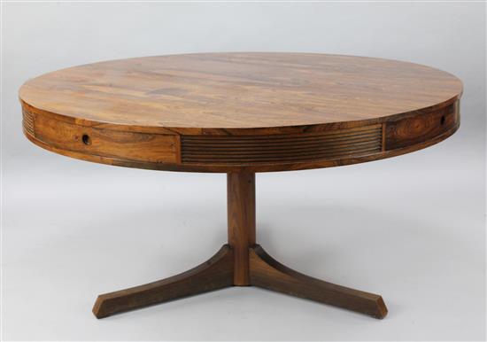 Robert Heritage for Archie Shine. A mid 20th century Danish rosewood drum top table, W.4ft 8in. H.2ft 5in.